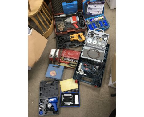 A box containing a collection of hand tools, including jet spot welder, Bosch jigsaw, soldering gun etc (untested)