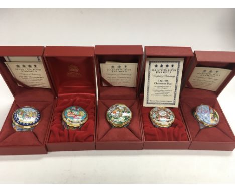 A collection of five ‘Halcyon Days’ enamel Christmas boxes (dated 2007, 1995, 2010, 1996 & 2008).