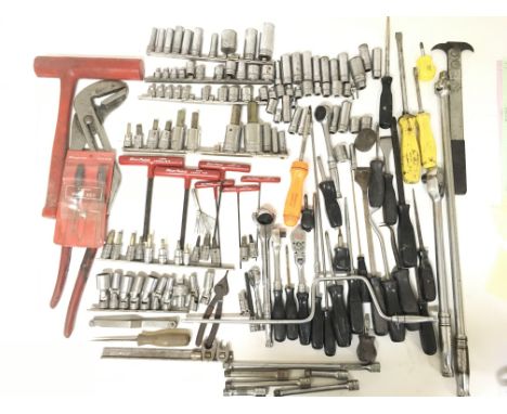 A box containing a large collection of Snap-on (snapon) and Blue-point (bluepoint) tools including ratchets: screw drivers, b