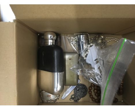 A box of beads silver plated items including a hip flask