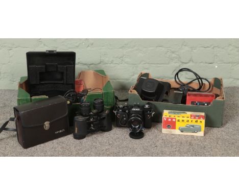 Two boxes of assorted items, to include Escort Radar reciever, Vanguards  Minolta binoculars, Zenit II 35mm camera and railwa
