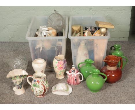 Two boxes of miscellaneous to include HLC Fiesta jugs, Tony Wood, cut glass bowls, Siltone, Arthur Wood, etc.  