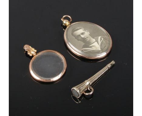 Two 9ct gold photograph lockets, along with an engine turned watch key with inset stone.  