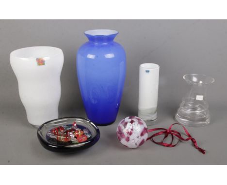 A small collection of art glass, to include Caithness vase, mouth blown bauble, Dartington swirl vase and Murano style sweets