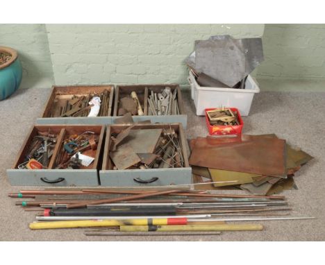 A very large collection of metalwares and tools. To include sheet metal, hammers, tap and dye sets and welding rods etc.  