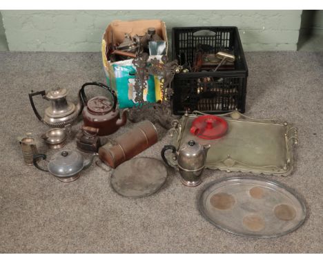 Two boxes of assorted metal wares to include silver plate tea service, companion set, enamel candlesticks, decorative cherub 