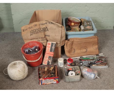 Two boxes of assorted tools to include very large quantity of nuts, bolts and rivets, spanners, welding goggles, large ball o