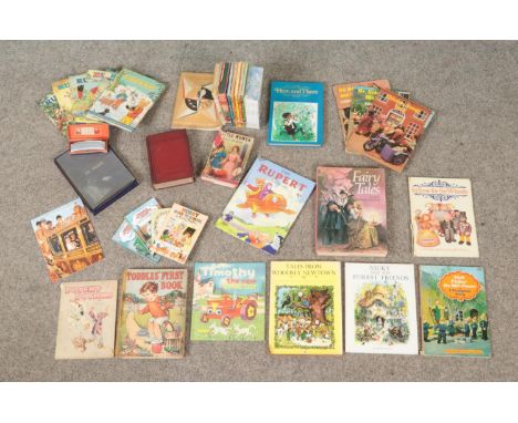 A box of mainly assorted books, to include Rupert Daily Express annuals, Enid Blyton Noddy books, Jane Hessey book set, Cambe