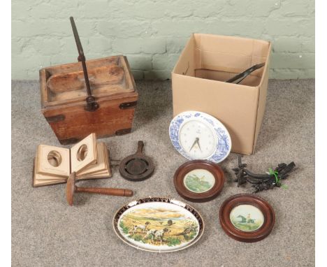 A collection of miscellaneous to include wood and iron trug, silver jubilee plaque, darning mushroom, Junghan's wall clock, e