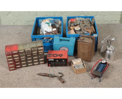 Two boxes of assorted tools and accessories to include very large quantity of screws and bolts, Crowsborough current charger,