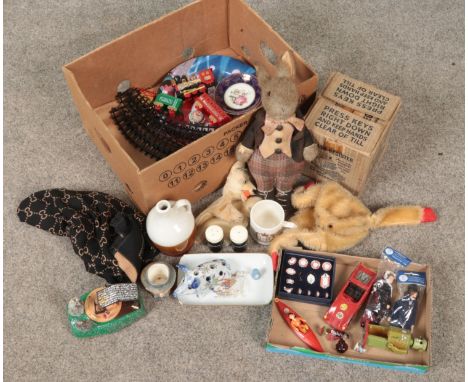 A box of miscellaneous. Includes boxed cash register, Northern Toy puppet, Beswick, Tri-ang etc.  