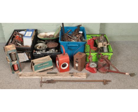Four boxes of mostly vintage tools. Includes Wolf, Linear car battery charger, Tilley lamp, saws, clamps, vintage Parker Bat 