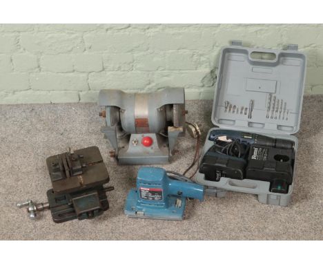 A small collection of power tools to include Fern drill, Vandom Junior Bench Grinder, Bosch PSS 230, etc.  