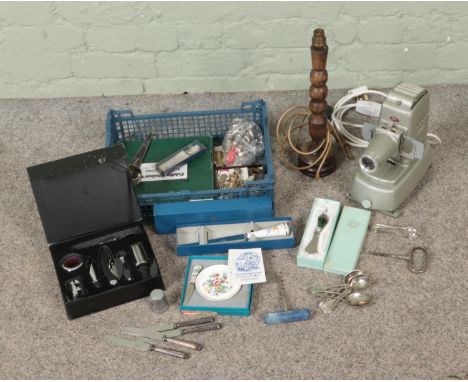 A collection of miscellaneous collectables to include Royal Worcester cake knife, corkscrews, spoons, turned wooden lamp, Ald