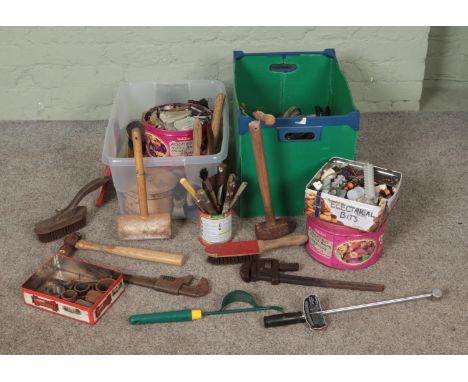 Two boxes of assorted tools to include torque wrench, hammers, clamps, bolts, etc.  