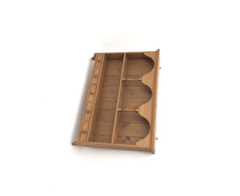 Solid pine two tier wall plate rack, projecting cornice, five spice drawers, W126cm, H93cm, D18cm Condition Report Click here