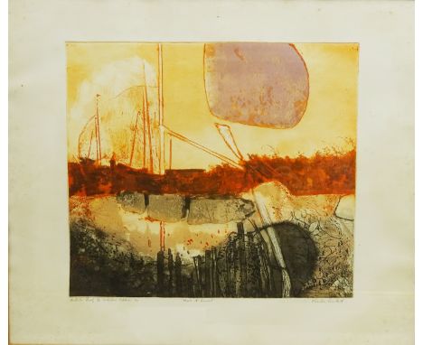 Charles Bartlett (British 1921-2014): 'Masts at Sunset', artists proof etching No.3/5 with Gorner and Millard blindstamp 54cm