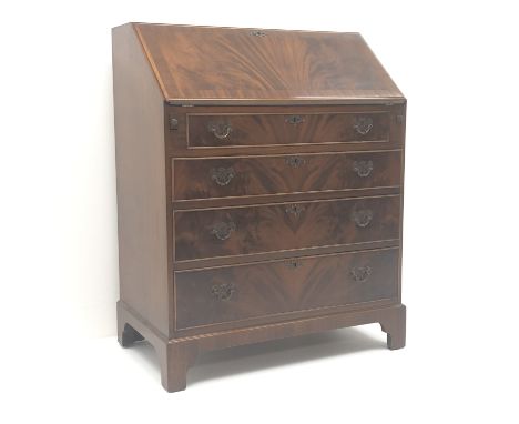 Burton Reproductions Georgian style mahogany bureau, fall front enclosing fitted interior, four graduating drawers, bracket s
