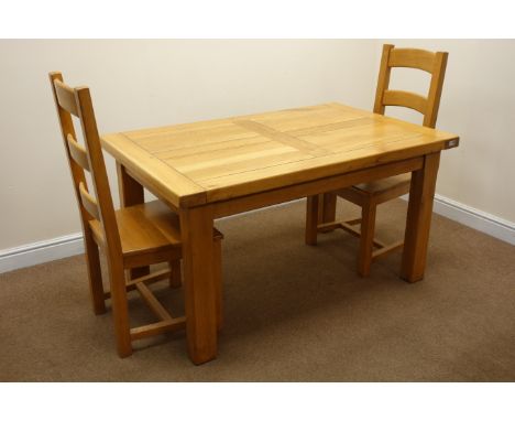 Rectangular light oak dining table, square supports (W141cm, H77cm, D90cm) and two ladder back chairs, (W51cm) (3) Condition 