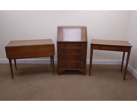 Georgian style mahogany bureau, fall front enclosing fitted interior, four graduating drawers, shaped bracket supports (W62cm