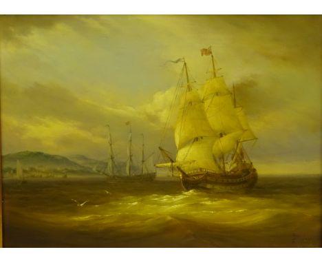Masted Vessels out the Harbour at Dusk, 20th century oil on panel signed with initials, signed verso Januska 29cm x 40cm Cond