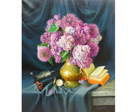 Gregori (Lysechko) Lyssetchko (Russian 1939-): Still Life of Hyacinths in a Vase, Book, Pipe and Pocket Watch on a Blue Velve