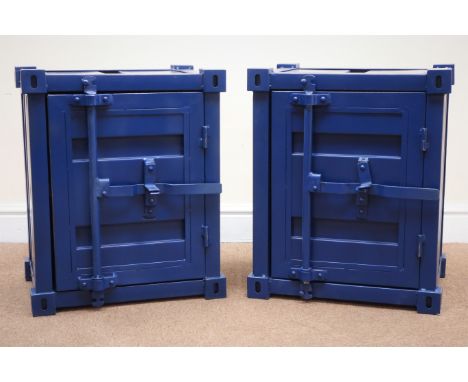 Pair container style bedside cabinets, single door enclosing shelf, W46cm, H55cm, D35cm Condition Report Click here for furth