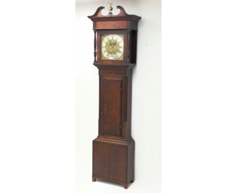 George lll mahogany crossbanded oak longcase clock, square brass dial signed Laurie Carlisle, case with swan neck pediment fl