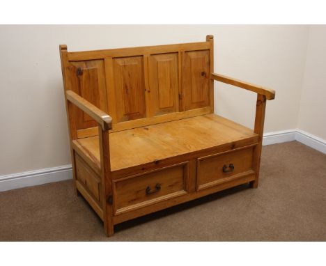 Waxed pine Monks bench, four panel back, solid seat, two drawers, stile supports, W128cm Condition Report Click here for furt