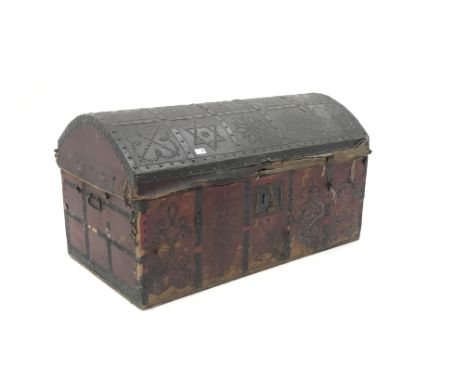 19th century travelling trunk, hinged studded lid, lined interior, W106cm, H57cm, D58cm Condition Report Click here for furth