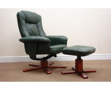 Recliner armchair upholstered in green faux leather (W77cm) with stool (2) Condition Report Click here for further images, co