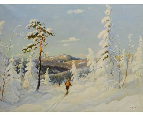 Harald Bjerved (Norwegian early 20th century): Skiing in the Mountains, oil on canvas signed 59cm x 79cm and Rural River Scen