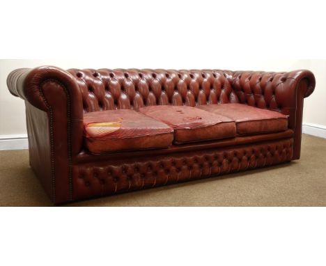 Three seat Chesterfield sofa upholstered in deep buttoned ox blood leather, W200cm Condition Report Click here for further im