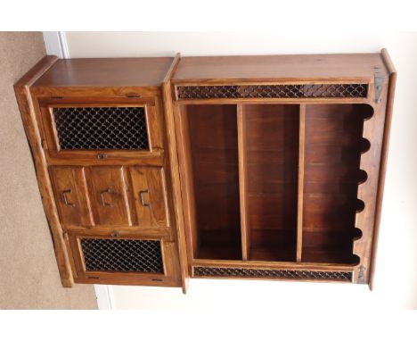 Rustic hardwood dresser with twin shelf back  metal strap detailing, three drawers flanked by two cupboards, plinth base, W13