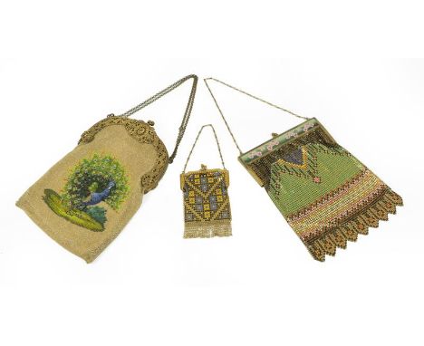 Early 20th Century Beaded Purse, decorated with a peacock to the front and back, pierced gilt metal hinged clasp, suede linin