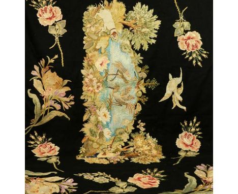 Late 19th Century Wall Panel, embroidered with a central scene of two birds on a river with lily pads and trees surrounding, 