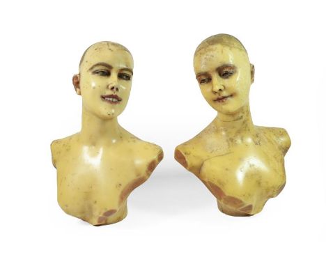A Pair of Circa 1900 Possibly French Wax Mannequin Busts, modelled as young ladies, both with brown glass eyes, one has an op