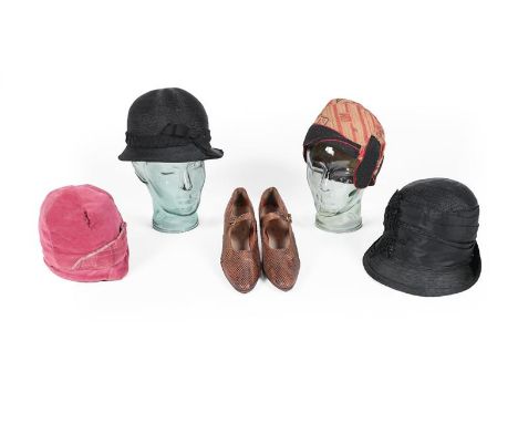 Circa 1920-30s Cloche and Other Hats, comprising a chiffon mounted hat printed in orange and abstract print, multi stitched a
