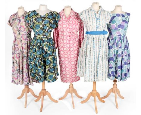 Circa 1950s Cotton Printed Day Dresses, comprising a pink, green and blue floral dress, buttons to the bodice, collar and cap