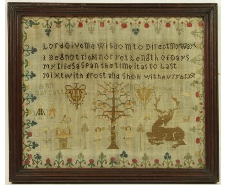 A Small Victorian Adam and Eve Sampler Worked by Ann Barratt, with verse 'Lord give me wisdom to direct my ways, I beg not ri