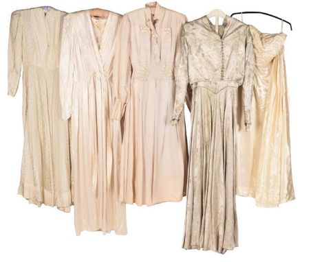 Early 20th Century Wedding and Other Dresses, comprising Gordons Gowns cream silk long sleeved dress with V-neckline, fabric 