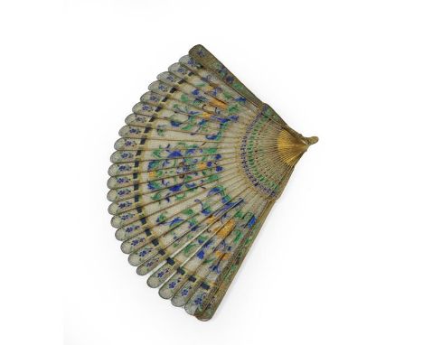 19th Century Chinese Gilt Metal Filigree Brise Fan, with green, blue and gold floral decorative enamel, comprising 23 sticks,