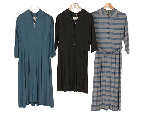 Circa 1940-50s Ladie's and Gentlemen's Costume, comprising a Susan Hart, London green and black checked dress with drop waist