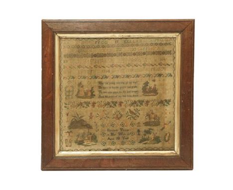 Alphabet Sampler Worked by Elizabeth Thorpe, Aged 10 Years, 1850, with alphabet to the top, followed by central verse, decora