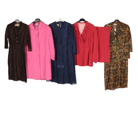 Circa 1950-60s Ladies' Suits and Coats, comprising a Rembrandt Original bronzed quilted dress, elbow length sleeves, collar a