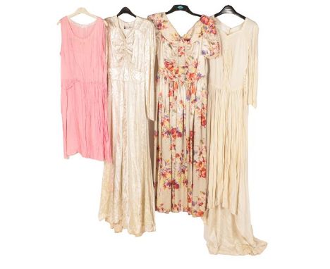 Circa 1920-50s Costume, comprising a pink silk sleeveless dress with floral embroidered detail to the neck;  floral evening d