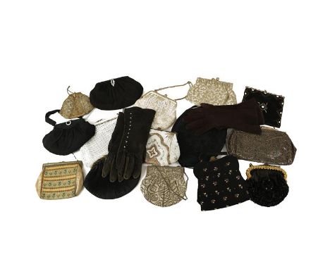 Assorted 20th Century Evening Bags and Gloves, comprising eight 1930s evening purses in silk brocade, or black silk with meta
