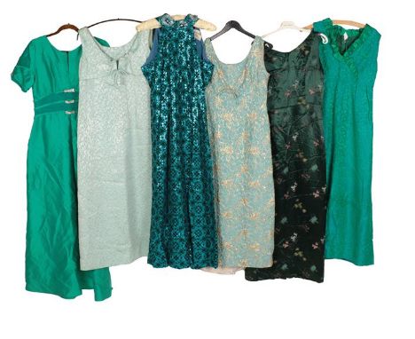 Circa 1960-70s Evening Dresses, comprising a Roter of London green short sleeved full length dress with notch neck and diaman
