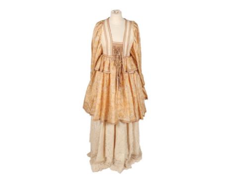 Circa 1970s Bill Gibb Evening Dress in the medieval style with square neckline, lace mounted bodice, full gathered long sleev