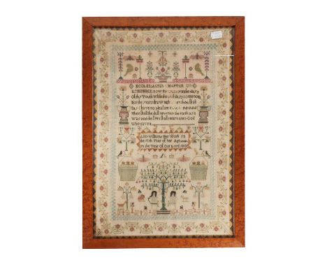 Adam and Eve Sampler Worked by Ann Williams, Age 10 Dated 1807, highly decorated with religious verse to the top, flanked by 